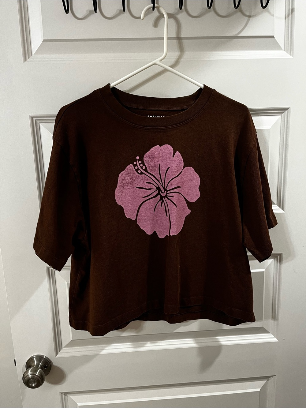 American Eagle Outfitters Brown Tee with Pink Floral Accent